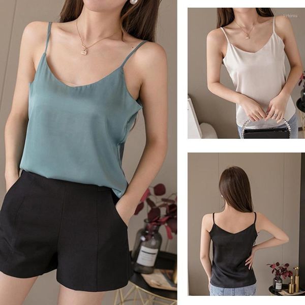 

summer tank t-shirt camis sleeveless satin silk v neck solid casual cropped vest womens clothing slim female camisoles & tanks, Black;white