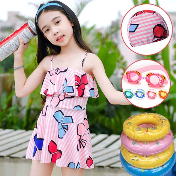 

primary school students' net red children's swimsuit girls' middle big skirt split lovely princess korean sports large size, Blue