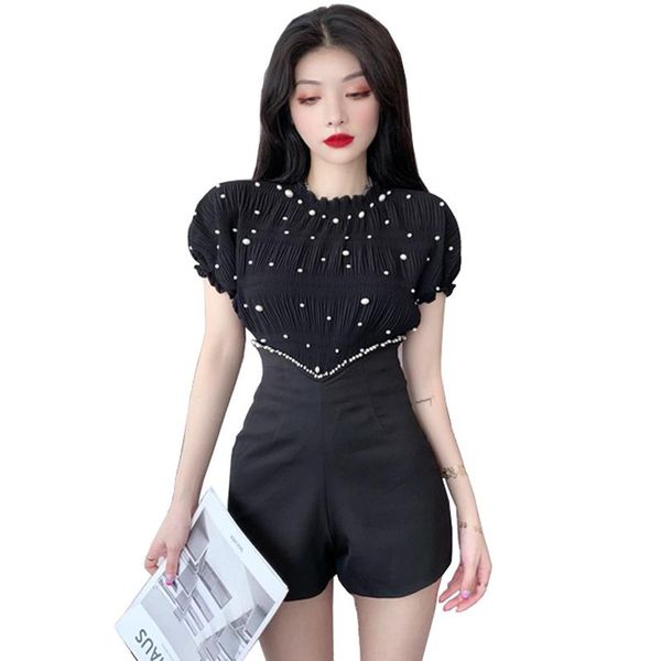 

summer fashion girls beading pleated chiffon with high waist shorts two-piece women set two piece dress, White