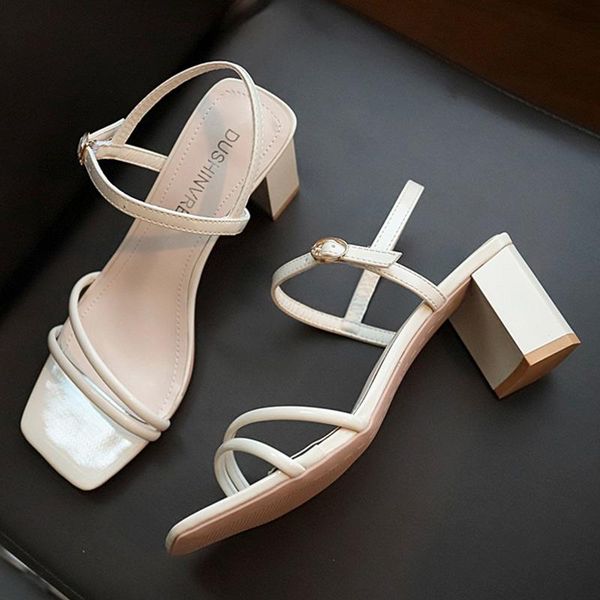 

dress shoes high heels white sandals women summer 2021 rope ankle strap ladies square classics yellow slippers, Black