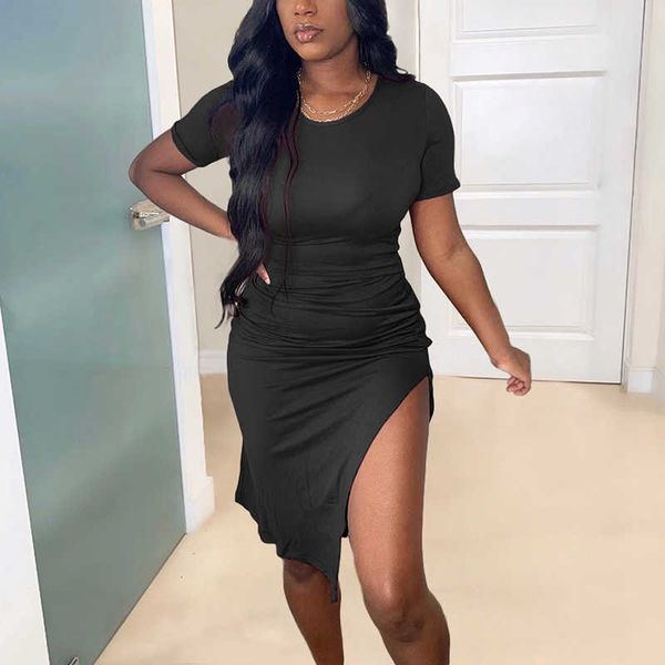 

short sleeve o neck casual dress summer solid slit mini dress 210702, Black;gray