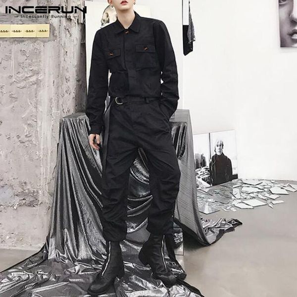 

man buttons joggers with belts incerun men jumpsuits fashion solid color pockets rompers long sleeve lapel casual pants overalls men's, Black