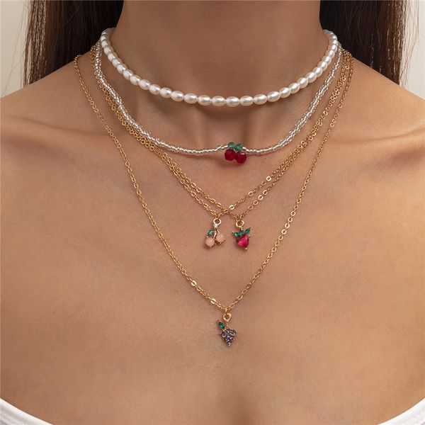 

european fruit series crystal pendant necklaces strawberry cherry grape pearl beaded chain women multi layer party thin clavicle necklace je, Silver