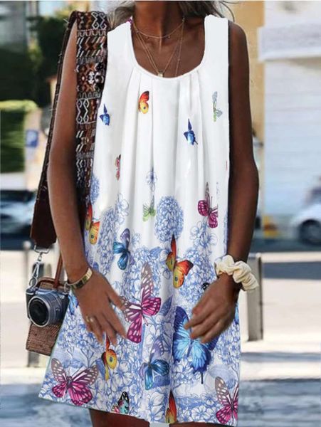 

casual sleeveless butterfly print dress, Black;gray