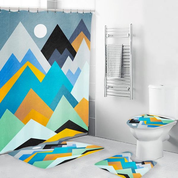 

geometric printing bathroom curtain shower waterproof set non-slip carpet toilet lid cover bath mat products mats