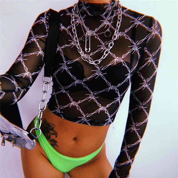 

women's blouses & shirts women see through sheer mesh slim fit female vogue short crop long sleeve party club wear blouse femme 3zhx, White