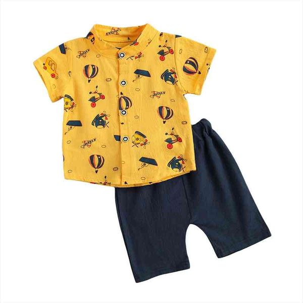 

0-3y summer casual kids boys clothes sets cartoon pattern printed short sleeve single breasted shirts shorts, White