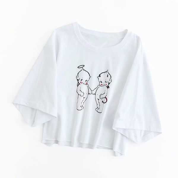 

hsa white angel print t-shirt summer o-neck short sleeve loose wild casual t shirt women girls pullovers harajuku 210417