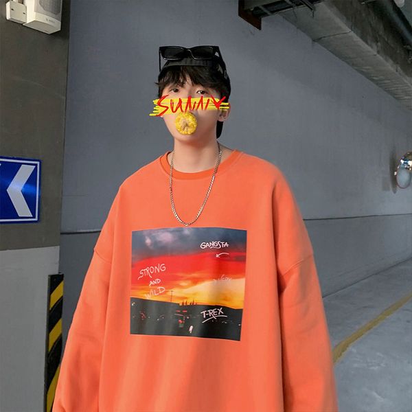

men's hoodies & sweatshirts privathinker - men's loose sweatshirt, sunset print, korean fashion sweater, harajuku large, autumn, Black