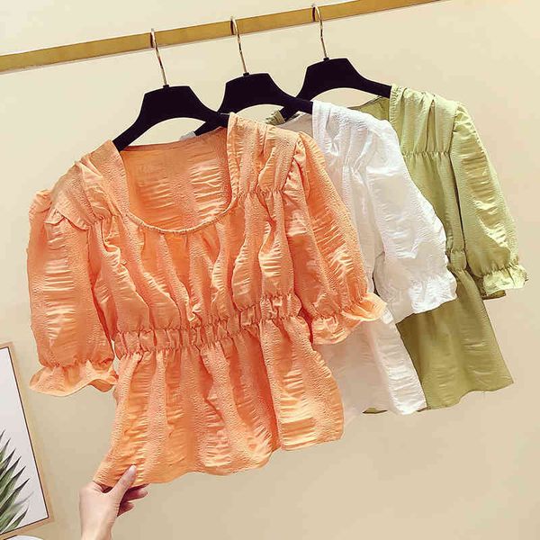 

women chiffon blouse summer fashion female short sleeve casual solid thin shirt square collar blouses pullover 210423, White