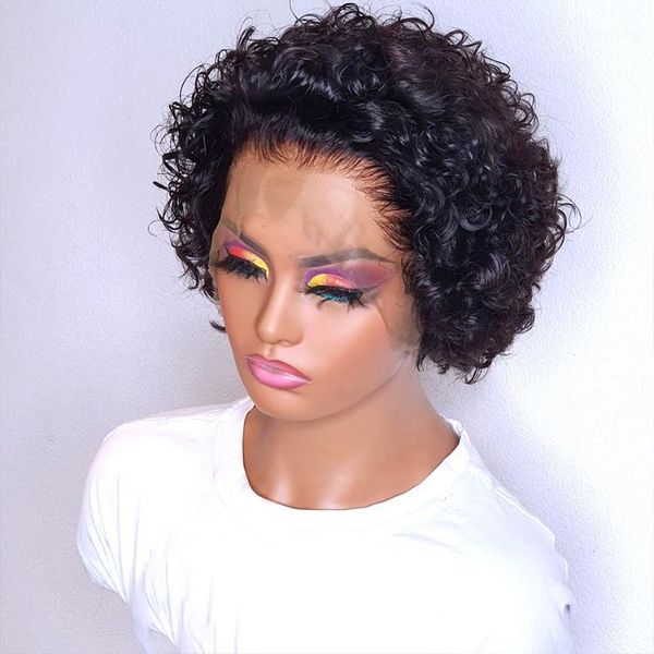 

pixie cut human hair wig 13x4 lace front deep curly short bob water wave wigs peruvian remy pre plucked frontal for women1, Black;brown