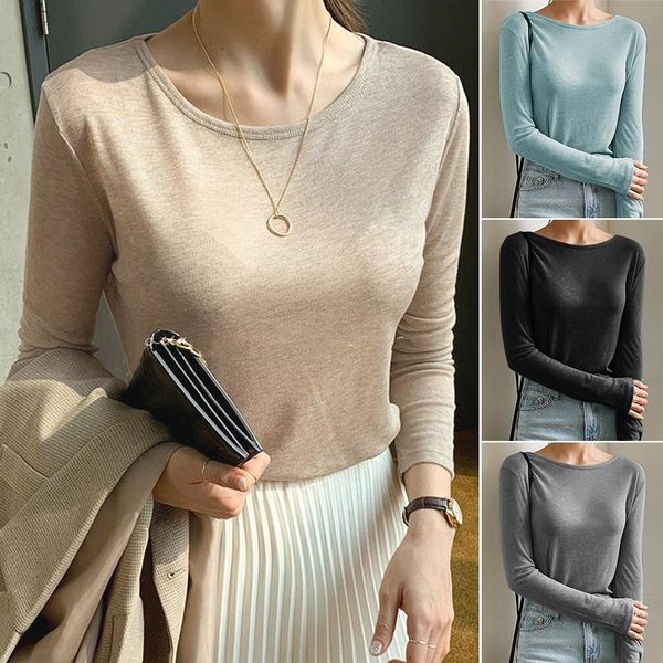

women's t-shirt women round neck long sleeve spring casual thin shirt solid korean clothing plain t shirts, White