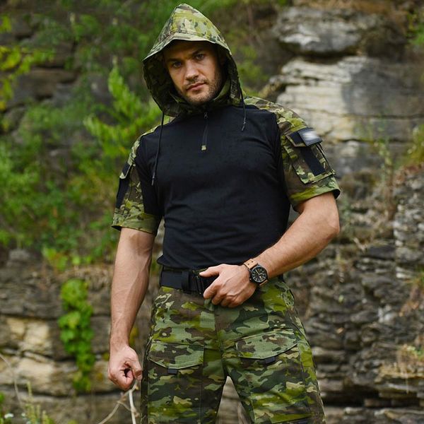 

hunting sets frog combat training suit camouflage coat short sleeve military sniper ghillie uniform outdoor hiking hoodie, Camo