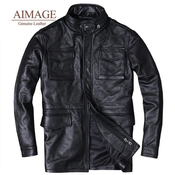 

men's leather & faux 100% real genuine jacket motorcycle stand-up collar head layer cowhide enlarged mid-length windbreaker coat, Black