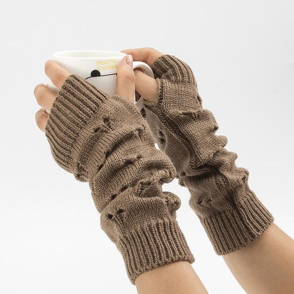 

five fingers gloves women stylish warm arm knitting hollow heart sleeve autumn winter mifemale long fingerless supplies, Blue;gray