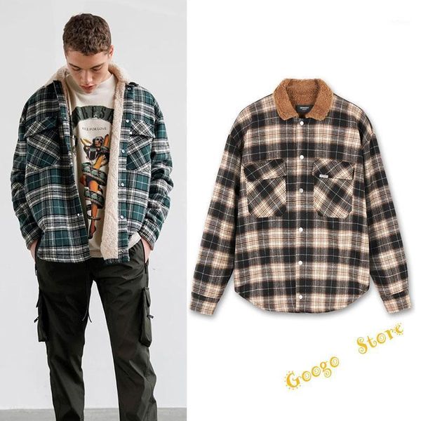 

men's jackets flannel plaid vintage lapel lamb wool represent jacket men women 1:1 double pockets button coat, Black;brown