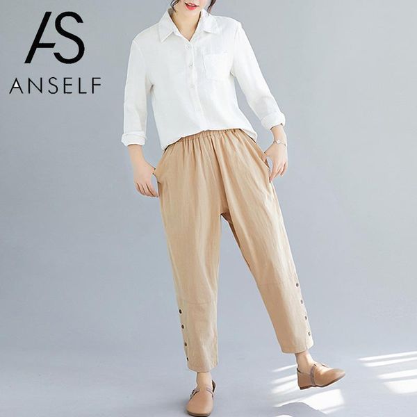

women's pants & capris vintage pure color women autumn cotton linen elastic waist pocket button trousers loose casual fashion harem, Black;white