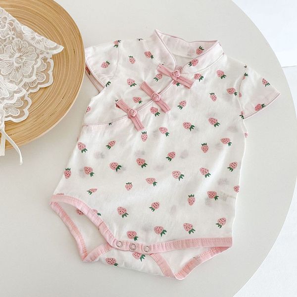 

girl short sleeve strawberry printing romper summer children rompers kids baby girl clothes cheongsam romper infant rompers, White