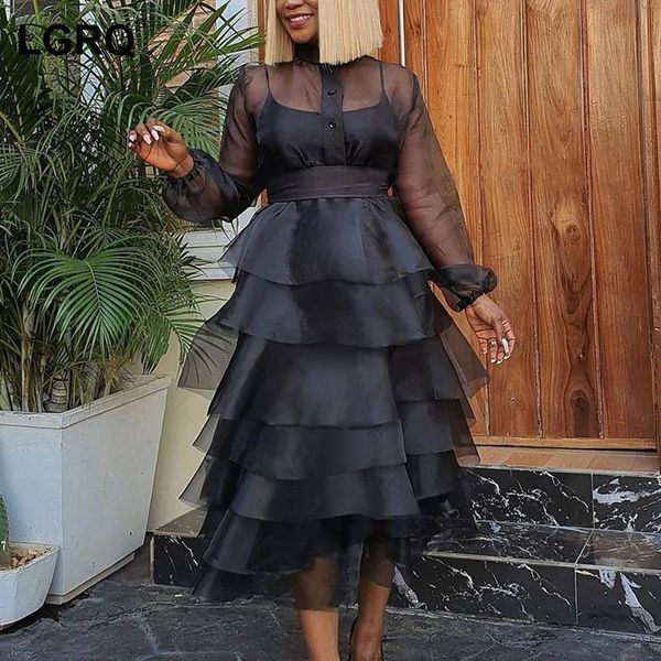 

casual dresses [lgrq] women black temperament mesh perspective ruffles dress long sleeve fit fashion tide autumn winter 2021 19d2656, Black;gray