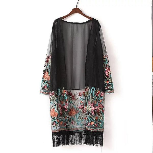 

women's trench coats 2021 spring and summer retro national wind embroidery tassel jacket chiffon long sleeves women cardigan sunscreen, Tan;black