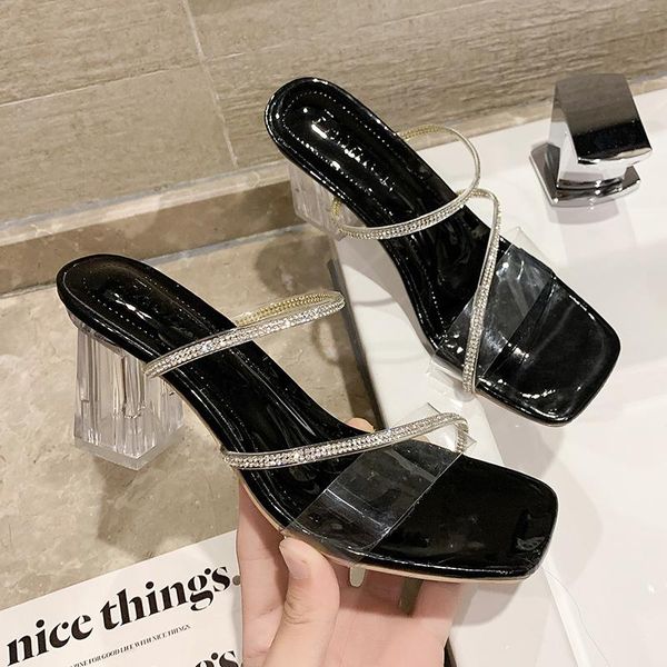 

slippers women summer outdoor 2021 rhinestone thick heel slides square toe open crystal transparent high heels pvc, Black