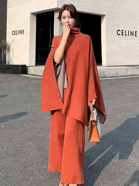 

pants Famous brand 2021 spring nightgown of two pieces high collar joint cable sweater loose knitted-leg leg brace 2 piece a107, White
