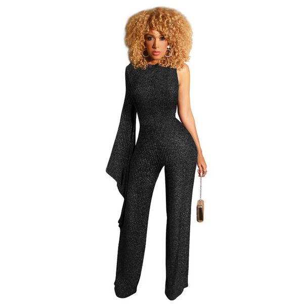 

women's jumpsuits & rompers 2021 fashion asymmetrical sleeve design shiny lady high waist wide leg pants temperament street, Black;white