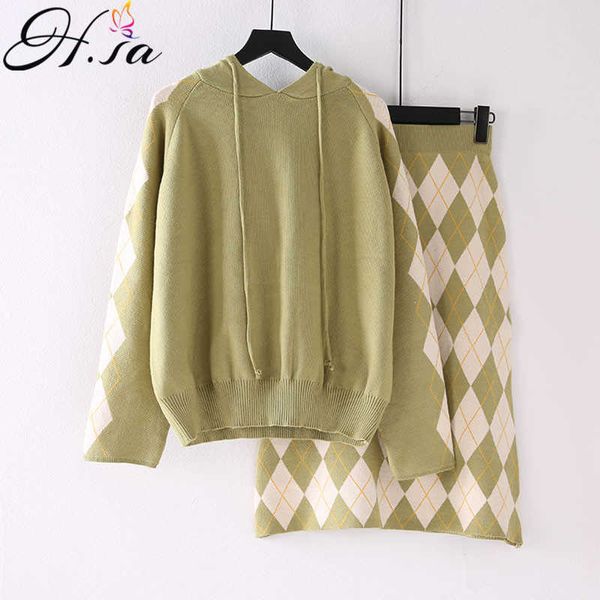 

h.sa female sweater and pullovers casual jumpers hooded two piece pullover and skirt sets knit suit geomertric casual outwear 210716, White;black