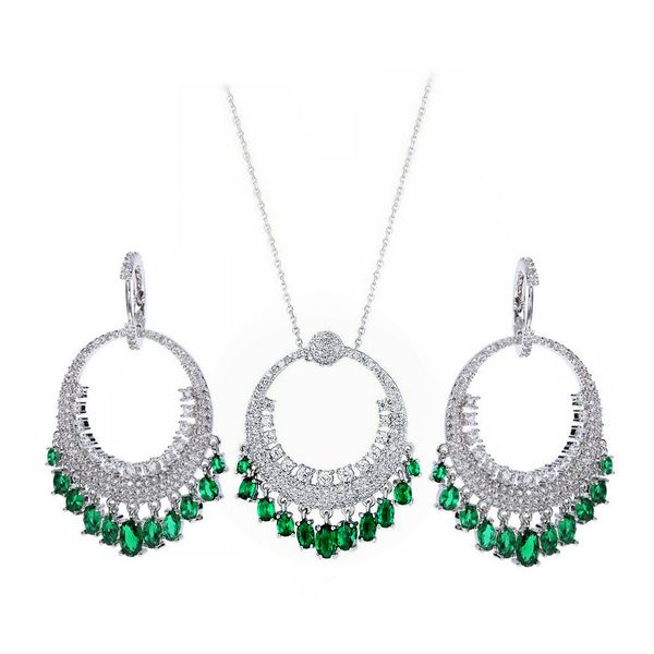 

sinzry cubic zirconia vintage tassel pendant necklace earring set creative exaggerated elegant jewelry set, Silver