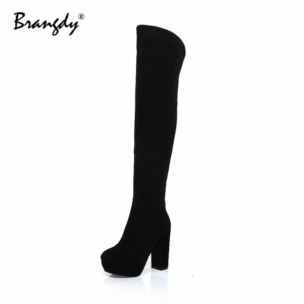 

boots fanyuan classical woman over the knee genuine leather square heel round toe women shoes zipper winter warm fur, Black