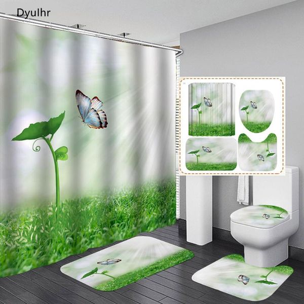 

shower curtains bathroom accessories green leaf butterfly printed polyester waterproof curtain toilet seat mat floor kit
