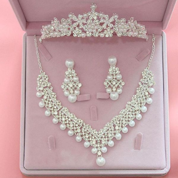 Orecchini Collana Moda Donna Set di gioielli da sposa Perle finte Ciondolo con strass Corona Tiara