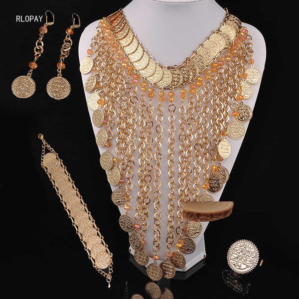 Set di collana di bigiotteria etnica Collana di perline di cristallo Collana con pendente a moneta d'oro Big Size Algeria Gioielli da sposa H1022