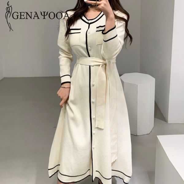 

genayooa elegant knitted dress lace up long sleeve midi dresses for women patchwork office ladies vestidos mujer korean 210417, Black;gray