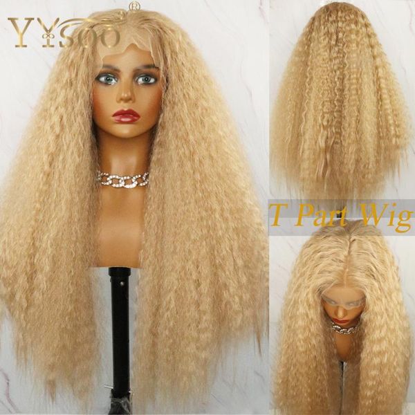 

synthetic wigs yysoo long 103 blonde kinky straight futura t part for black women high density glueless heat resistant yaki wig