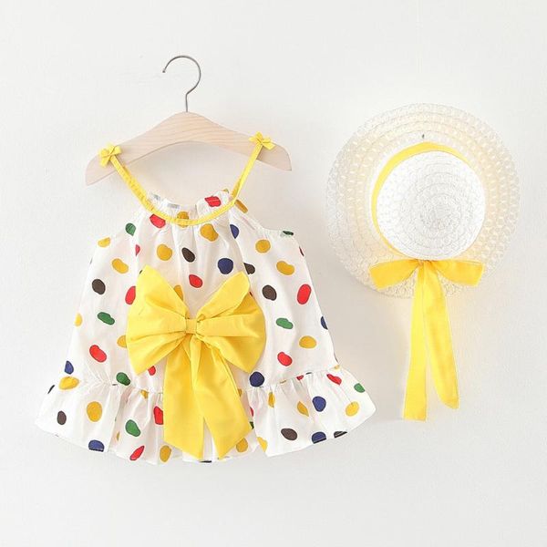 

girl's dresses cute toddler baby dress kids girls sleeveless strap dot ruched bow colorful print princess dress+hat sweet infant, Red;yellow