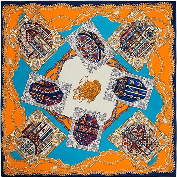 

2021spring fashion metal chain shield ladies luxury twill silk scarf 130*130cm square sunscreen shawl scarves, Blue;gray