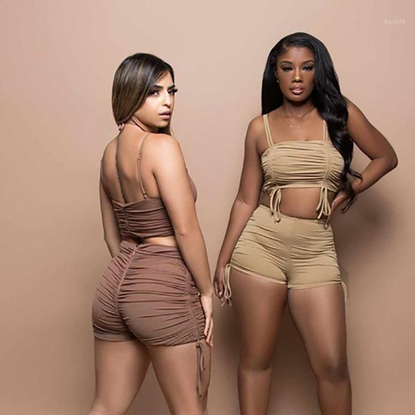 

women's shorts women solid sleeveless drawstring ruched crop +shorts matching outfits casual two piece set fitness sporty streetwear, White;black