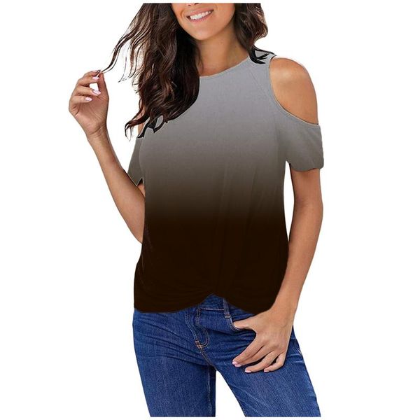 

women's t-shirt womens fashion tie-dye gradient color o-neck short sleeve ladies off shoulder top, White