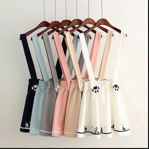 

summer womens skirt women skirts cartoon cat dog embroidery harajuku kawaii japan style cute strap mini, Black