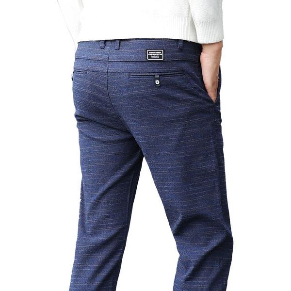 

men's pants fashion men trousers navy blue suit 2021 casual skinny for male slim plaid breathable work, Black