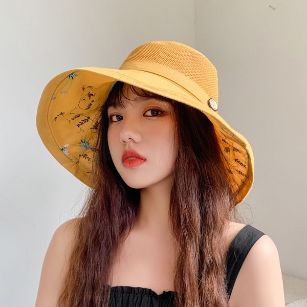 

fashion summer new splicing fisherman's women's double deck flower small fresh literary basin hat sun shading wood button big brim