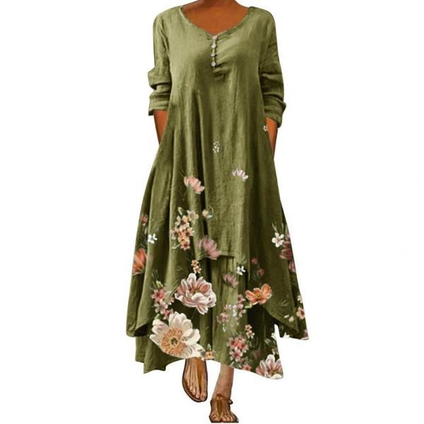 

women's dress floral printed buttons summer v neck long sleeve for party ladies vintage maxi dresses sundress plus size casual, Black;gray
