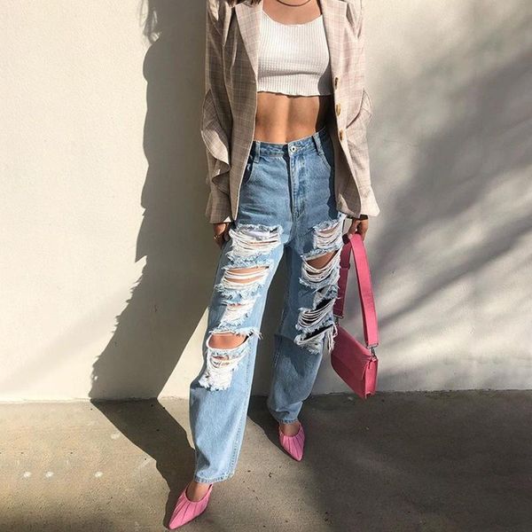 

slimming denim trousers fashionable high waist jeans women washed loose hole casual female ripped pants women's, Blue