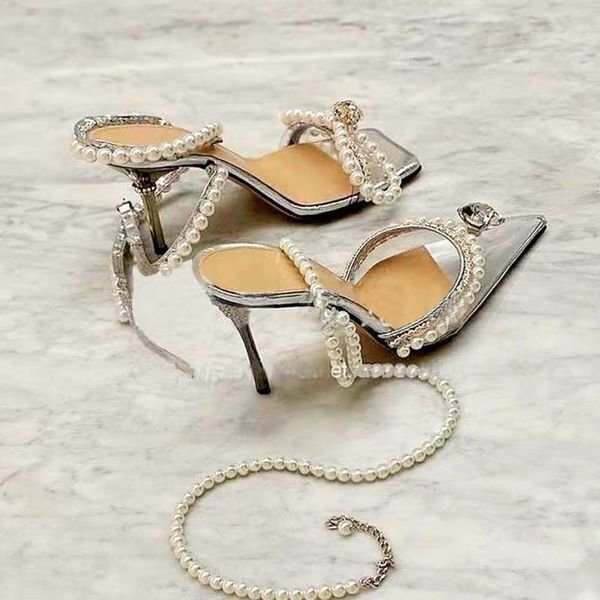 

dress shoes square head transparent sandals female summer 2021 bow pearl rhinestone high heels fine with fairy style, Black