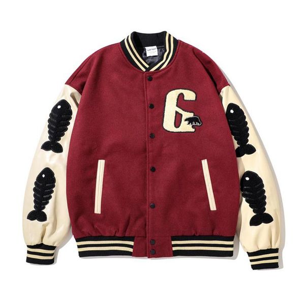 

men's jackets hip hop baseball jacket men furry bone patchwork color block bomber college style oversized coat streetwear autumn, Black;brown