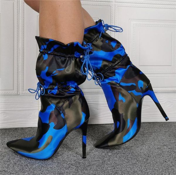 

boots luxury women's 2021 autumn/winter high-heeled motorcycle camouflage stiletto ms plus size 35-43, Black