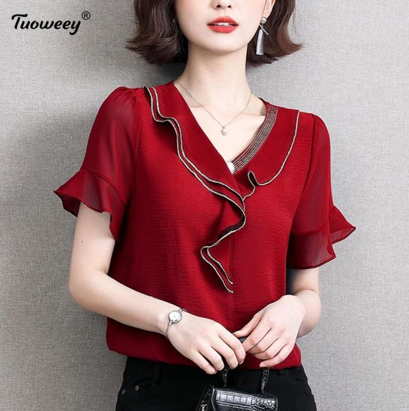 

women's blouses & shirts summer style korean ruffle neck vintage short sleeve tunic women loose kawaii clothing blusas, White