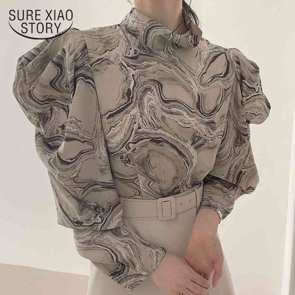 

fashion printing blouse office lady stand collar puff sleeve shirts for women korea chiffon female clothing 12897 210415, White