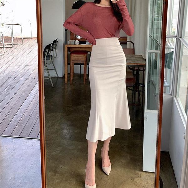 

summer chic womens skirts mid calf high waist mermaid ruffles ol skirt ladies solid all match stetch package hip, Black